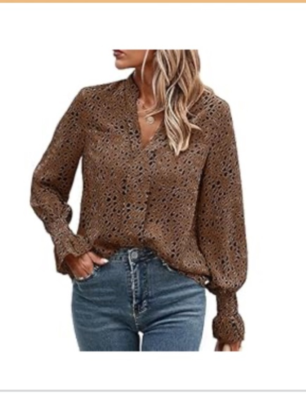 ECOWISH V Neck Polka Dot/ Animal Print Tunic Blouse Elastic Ruffle Cuffs-Medium
